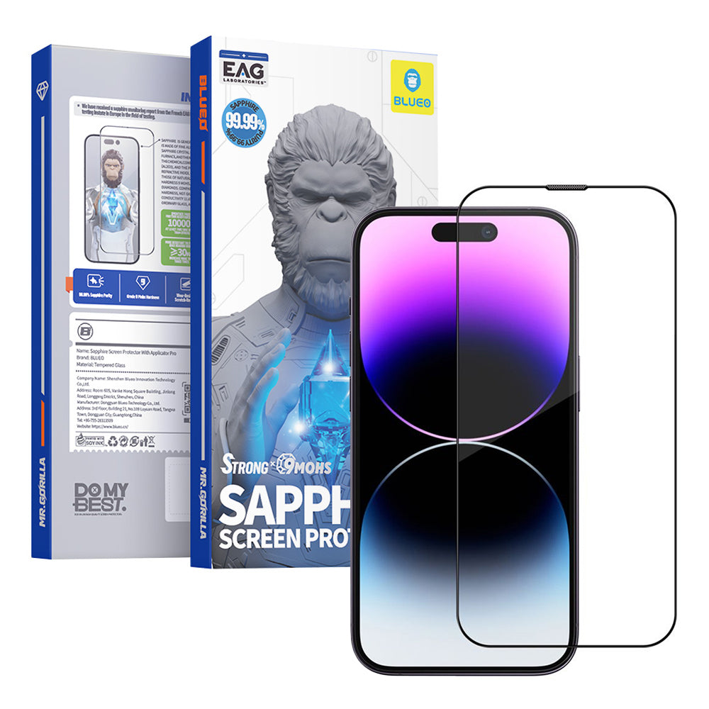 Blueo Sapphire Applicator Pro Skærmbeskytter til Apple iPhone 15 Pro, Hærdet Glas, Fuld Lim, Sort