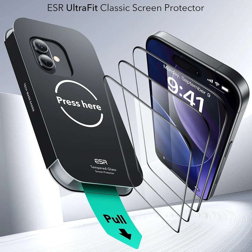 Beskyttelsesfilm ESR UltraFit til Apple iPhone 17 / 16 Pro, Hærdet Glas, Fuldklæbende, Sæt med 3 stykker