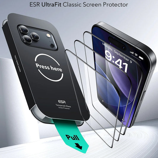 Beskyttelsesfilm ESR UltraFit til Apple iPhone 17 Pro Max, Hærdet Glas, Full Glue, Sæt med 3 stykker