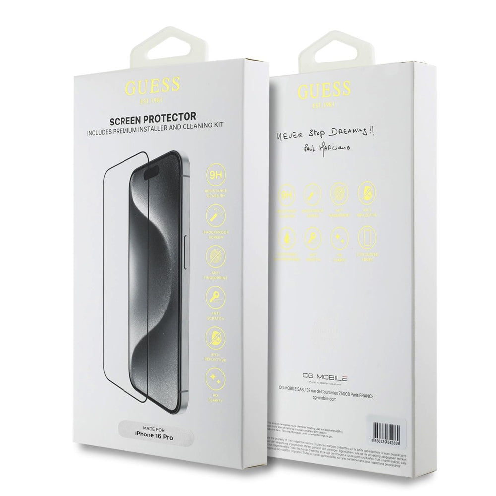 Guess Classic Outline Screen Protector for Apple iPhone 16 Pro, Tempered Glass, Full Glue, 2.5D, Black GUTGP16LBOKGCIT