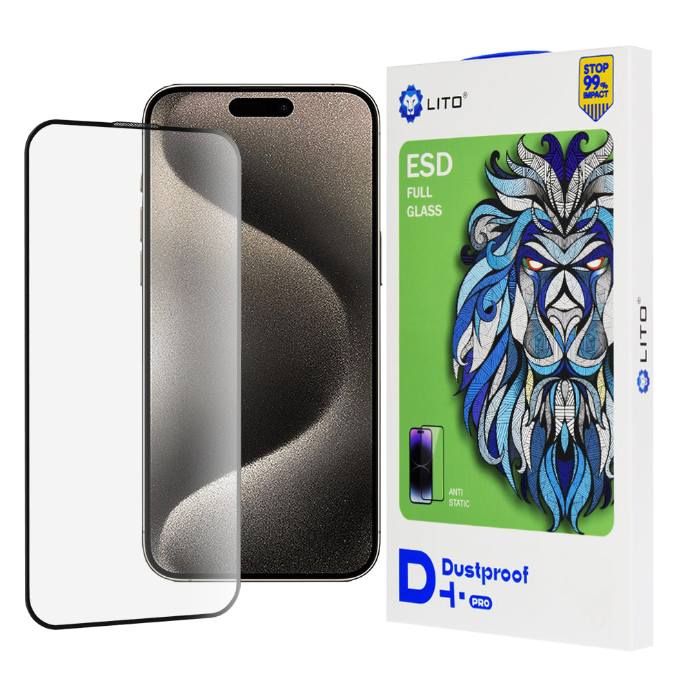Lito D+ Pro Dustproof Skærmbeskyttelsesfilm til Apple iPhone 15, Hærdet Glas, Fuld Lim, Sort