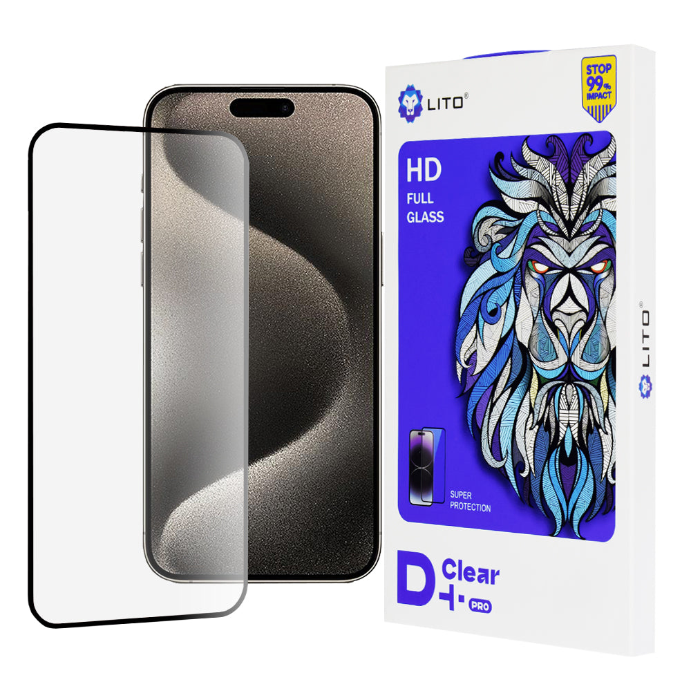 Skærmbeskyttelsesfilm Lito D+ Pro til Apple iPhone 15 Pro Max, hærdet glas, fuld lim, sort