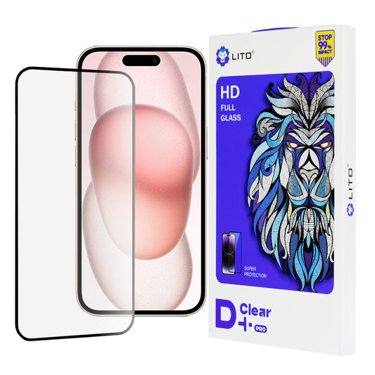 Lito D+ Pro Screen Protector Film for Apple iPhone 15, Tempered Glass, Full Glue, Black