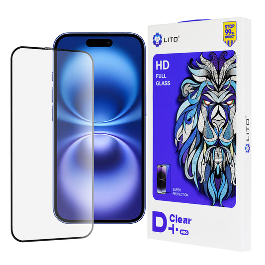 Skærmbeskyttelsesfilm Lito D+ Pro til Apple iPhone 16, hærdet glas, fuld lim, sort