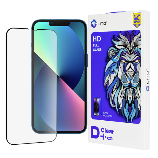Skærmbeskyttelsesfilm Lito D+ Pro til Apple iPhone 17e / 16e / 14 / 13 Pro, hærdet glas, fuld lim, sort