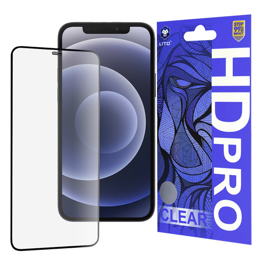 Lito HD Pro Clear skærmbeskytter til Apple iPhone 12 / 12 Pro, hærdet glas, fuld lim, sort