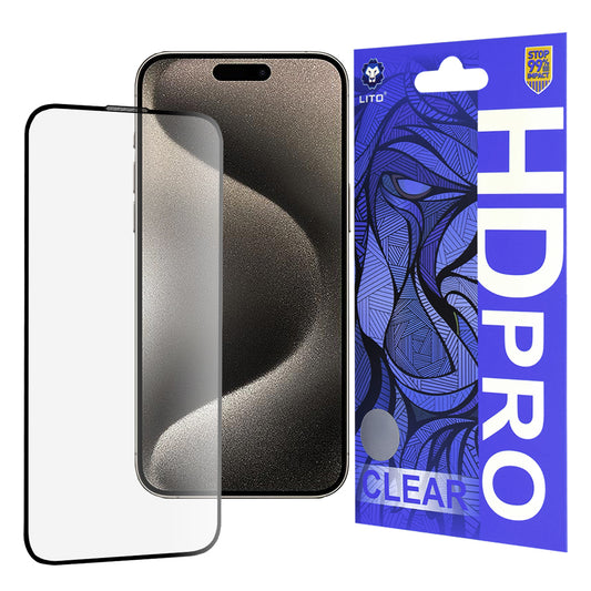 Lito HD Pro Clear Skærmbeskytter til Apple iPhone 15 Pro Max, Hærdet Glas, Fuld Lim, Sort