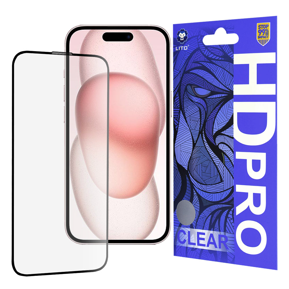 Lito HD Pro Clear Skærmbeskytter til Apple iPhone 15, Hærdet Glas, Fuld Lim, Sort