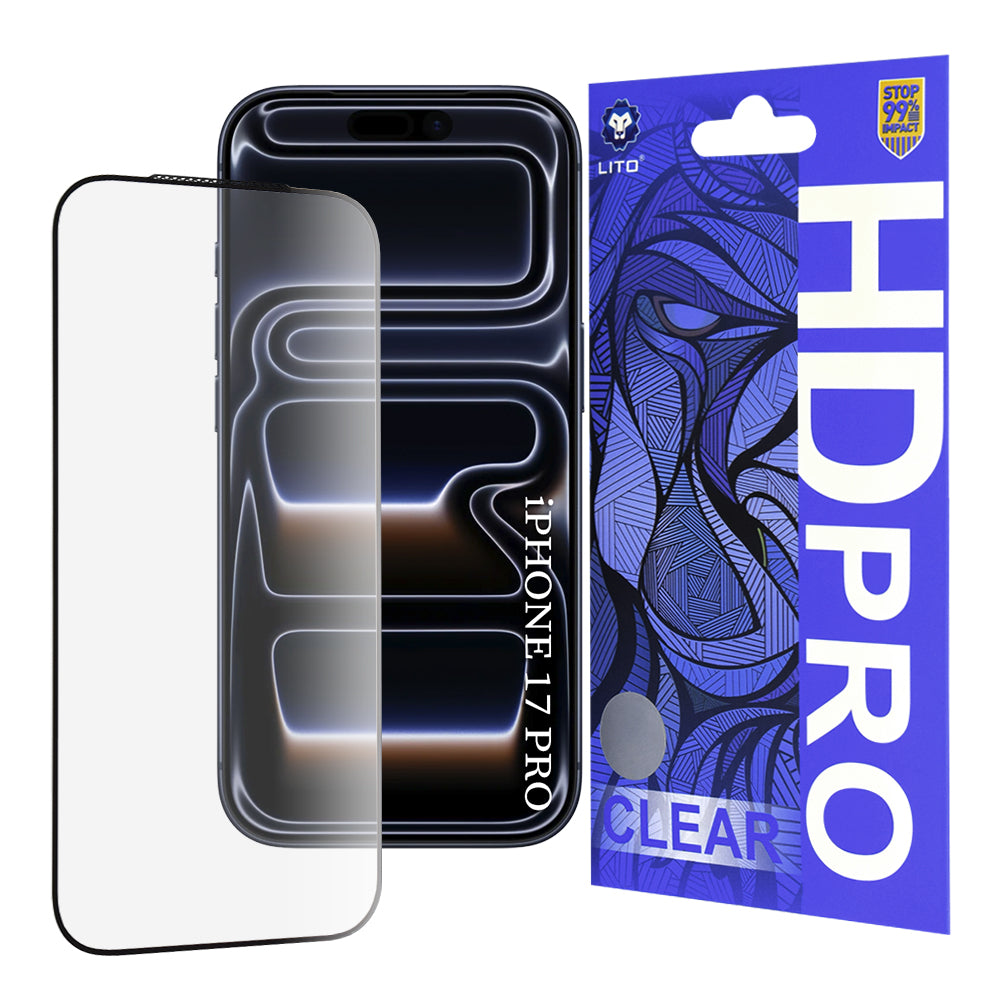 Beskyttelsesfilm Lito HD Pro Clear til Apple iPhone 17 Pro, Hærdet Glas, Full Glue, Sort