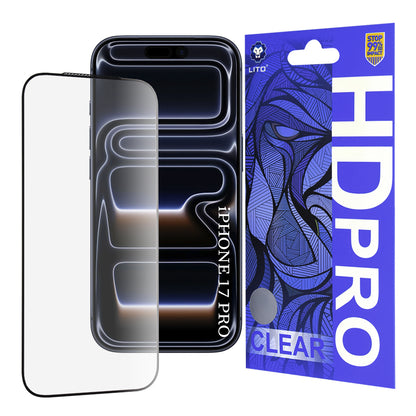 Beskyttelsesfilm Lito HD Pro Clear til Apple iPhone 17 Pro, Hærdet Glas, Full Glue, Sort