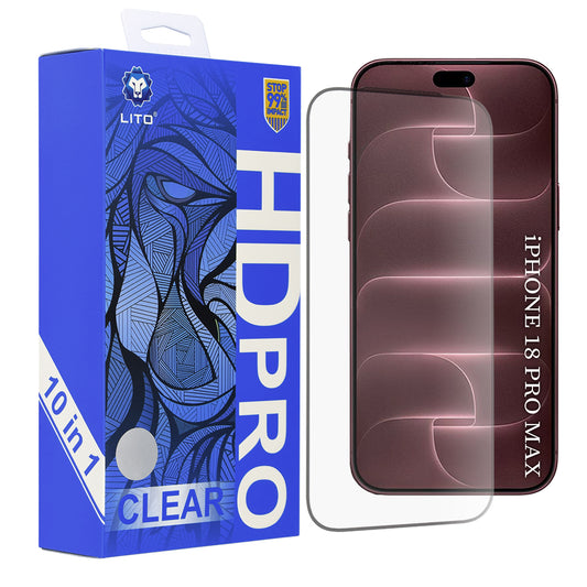 Lito HD Pro skærmbeskyttelse til Apple iPhone 18 Pro Max / 17 Pro Max, hærdet glas, fuldlim, sæt med 10 stk., sort