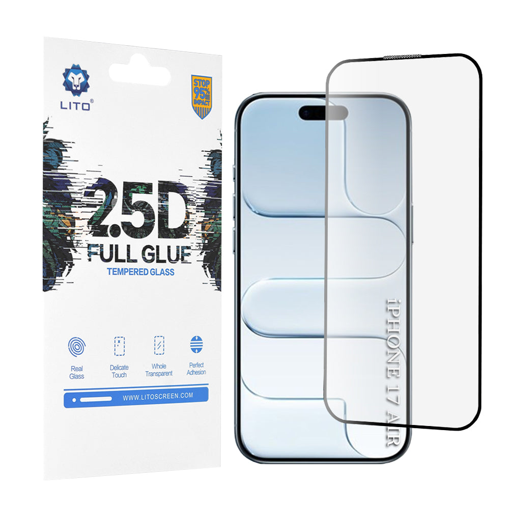 Beskyttelsesfilm Lito skærm til Apple iPhone 17 Air, Hærdet glas, Full Glue, 2.5D, Sort