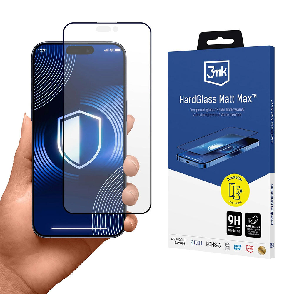 Beskyttelsesfolie Matte 3MK HardGlass Max til Apple iPhone 17 Pro, Hærdet Glas, Full Glue, Sort