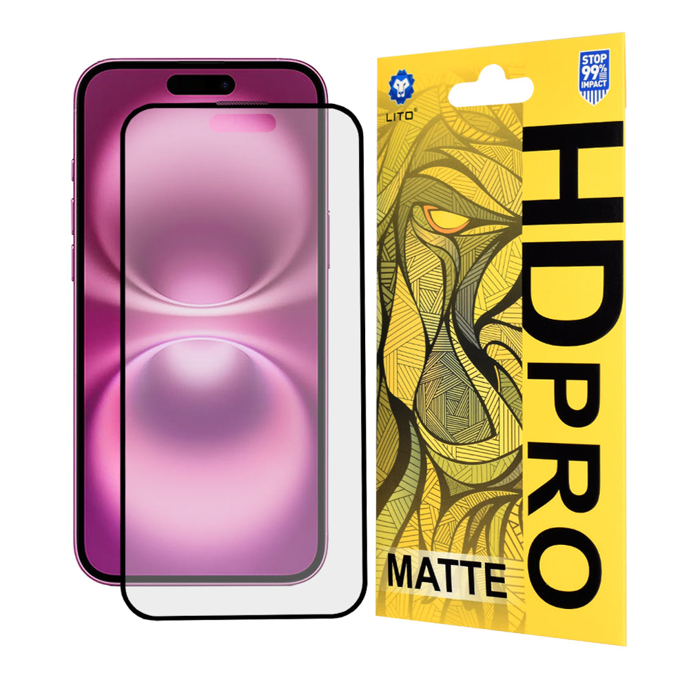 Mat skærmbeskyttelsesfilm Lito HD Pro til Apple iPhone 16 Plus, hærdet glas, fuld lim, sort