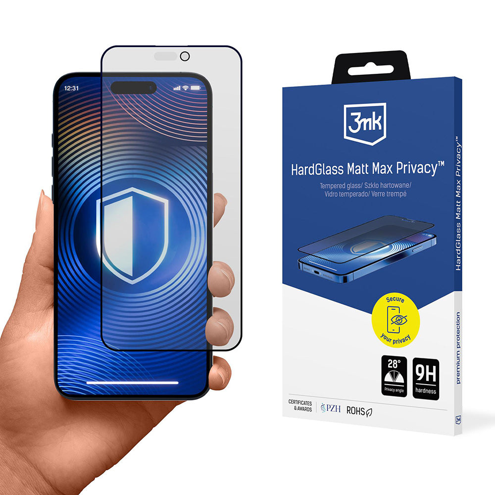 Beskyttelsesfolie Matte Privacy 3MK HardGlass Max til Apple iPhone 17 Pro, Hærdet Glas, Fuldklæbende
