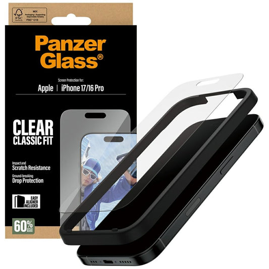 Beskyttelsesfilm til skærm PanzerGlass Classic Fit EasyAligner til Apple iPhone 17 / 16 Pro, Hærdet Glas, Full Glue
