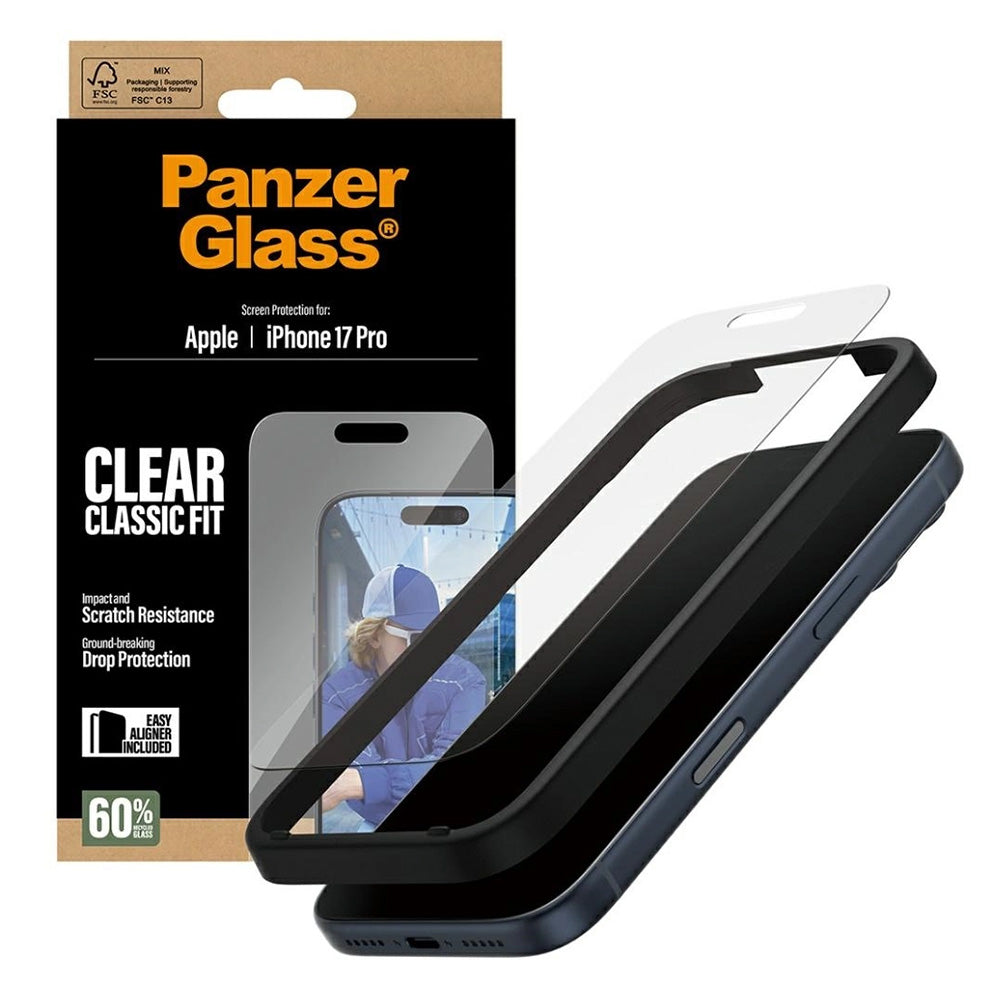 PanzerGlass Classic Fit EasyAligner skærmbeskyttelsesfolie til Apple iPhone 17 Pro, Hærdet Glas, Fuldklæbende