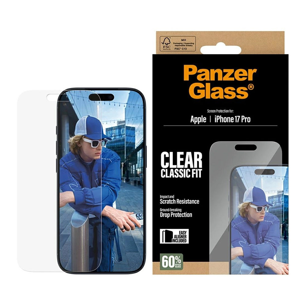 PanzerGlass Classic Fit EasyAligner skærmbeskyttelsesfolie til Apple iPhone 17 Pro, Hærdet Glas, Fuldklæbende