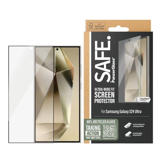 Beskyttelsesfilm PanzerGlass Safe skærm. Ultra-Wide Fit EasyAligner til Samsung Galaxy S24 Ultra S928, Hærdet Glas, Fuldklæbende, Sort.