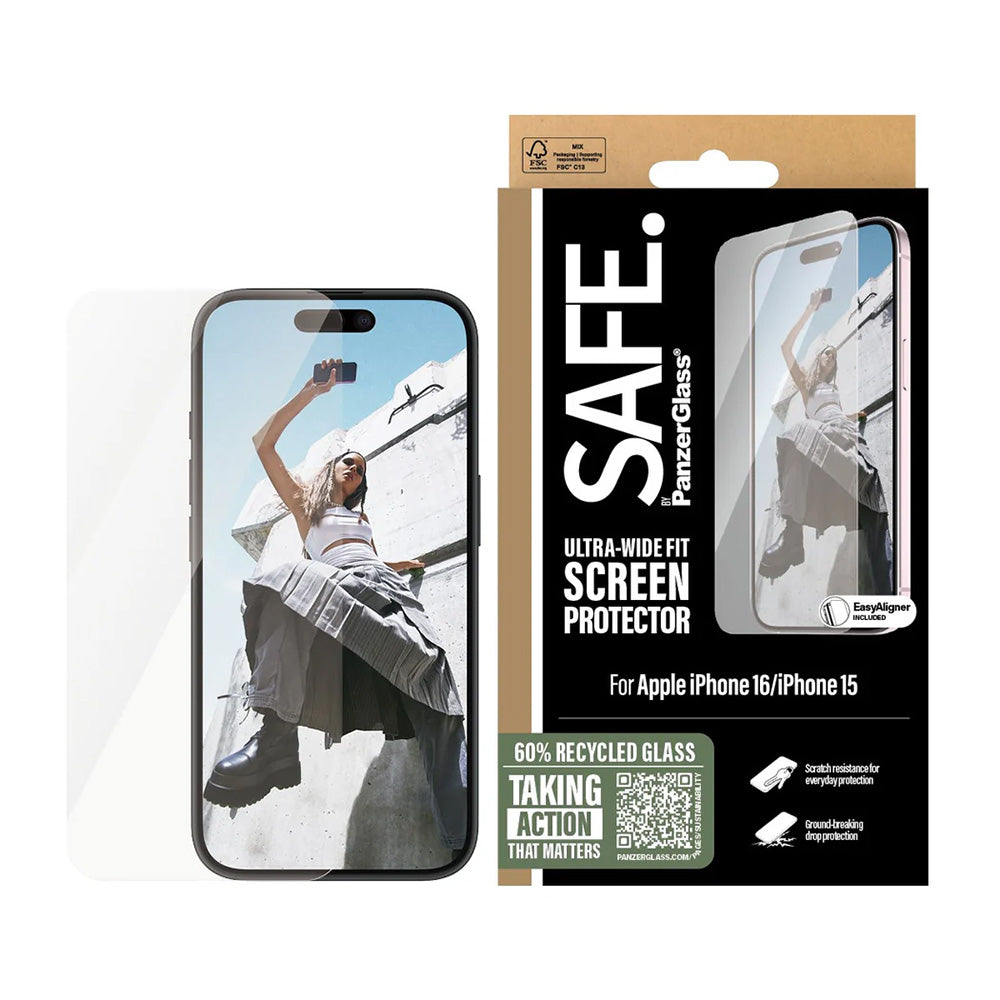 Beskyttelsesfilm PanzerGlass Safe skærm. Ultra-Wide Fit til Apple iPhone 16 / 15, Hærdet glas, Full Glue