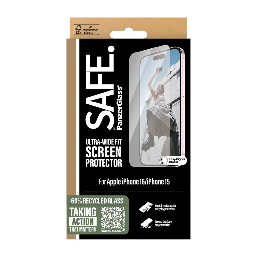 Beskyttelsesfilm PanzerGlass Safe skærm. Ultra-Wide Fit til Apple iPhone 16 / 15, Hærdet glas, Full Glue