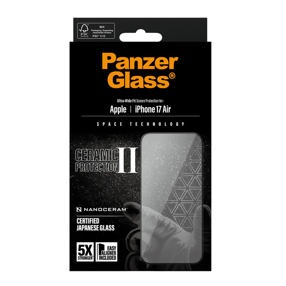 Beskyttelsesfolie til skærm PanzerGlass Ultra-Wide Ceramic II EasyAligner til Apple iPhone 17 Air, Hærdet Glas, Full Glue, Sort