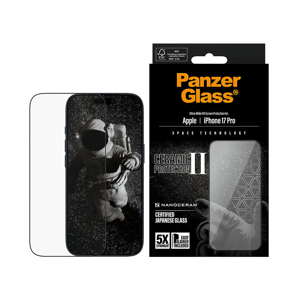 Beskyttelsesfilm til skærm PanzerGlass Ultra-Wide Ceramic II EasyAligner til Apple iPhone 17 Pro, Hærdet Glas, Full Glue, Sort
