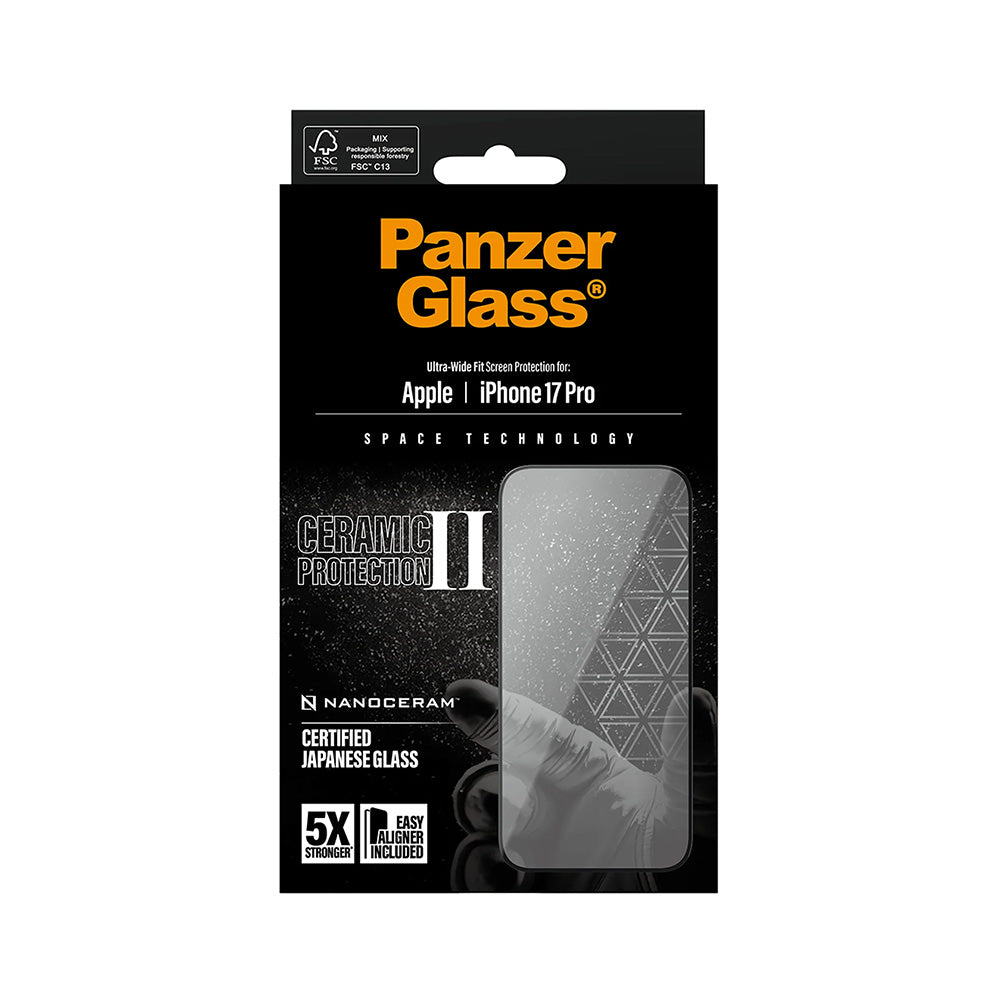 Beskyttelsesfilm til skærm PanzerGlass Ultra-Wide Ceramic II EasyAligner til Apple iPhone 17 Pro, Hærdet Glas, Full Glue, Sort