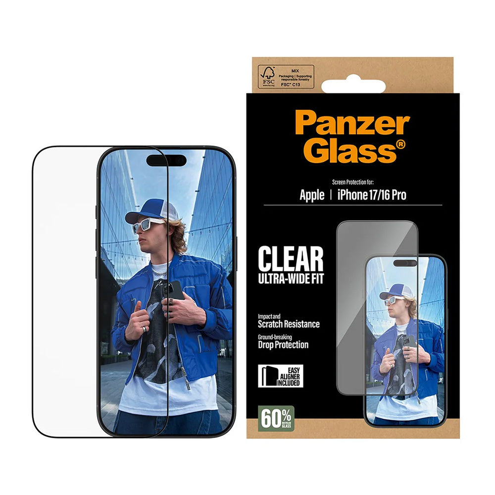 Beskyttelsesfilm til skærm PanzerGlass Ultra-Wide Fit EasyAligner til Apple iPhone 17 / 16 Pro, Hærdet Glas, Fuldklæbende, Sort