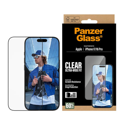 Beskyttelsesfilm til skærm PanzerGlass Ultra-Wide Fit EasyAligner til Apple iPhone 17 / 16 Pro, Hærdet Glas, Fuldklæbende, Sort
