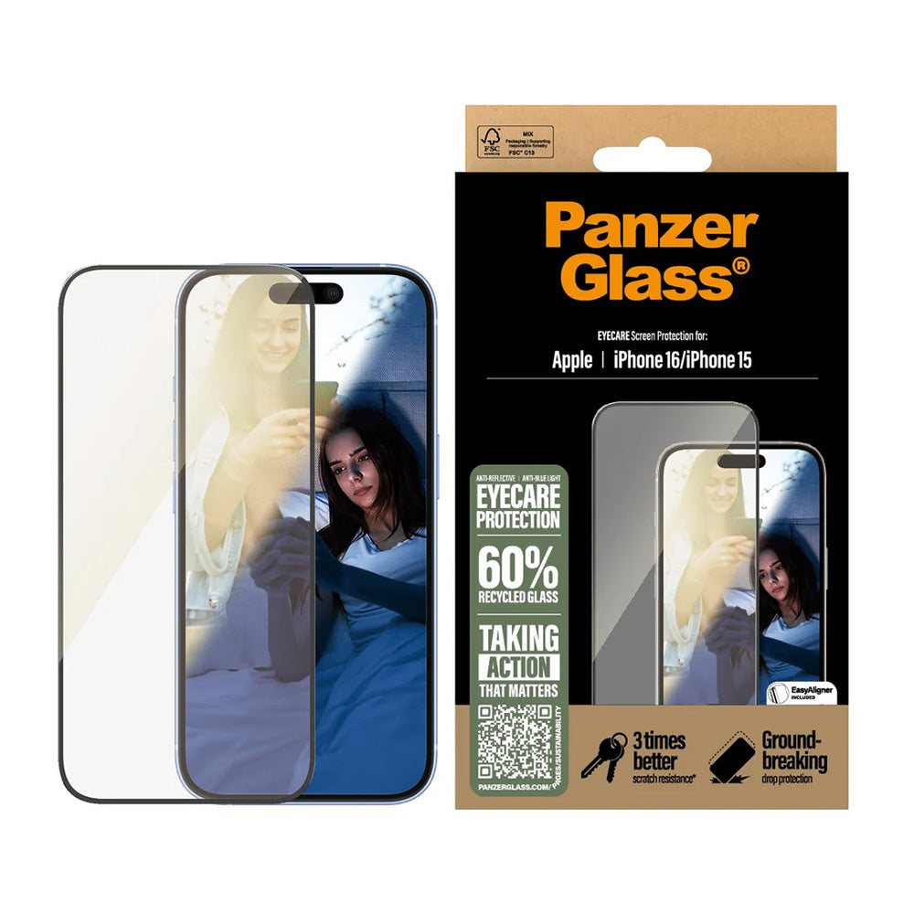 Beskyttelsesfilm til skærm PanzerGlass Ultra-Wide Fit EyeCare til Apple iPhone 16 / 15, Hærdet Glas, Full Glue, Sort