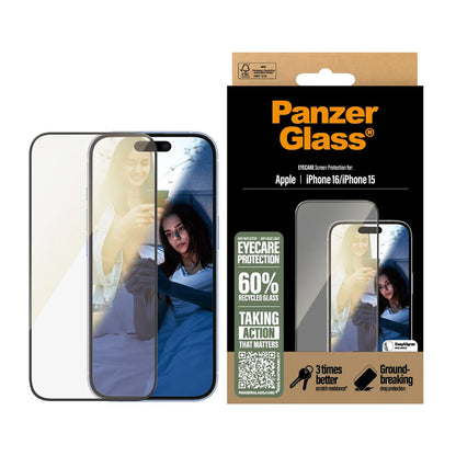 Beskyttelsesfilm til skærm PanzerGlass Ultra-Wide Fit EyeCare til Apple iPhone 16 / 15, Hærdet Glas, Full Glue, Sort
