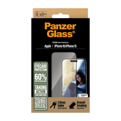 Beskyttelsesfilm til skærm PanzerGlass Ultra-Wide Fit EyeCare til Apple iPhone 16 / 15, Hærdet Glas, Full Glue, Sort