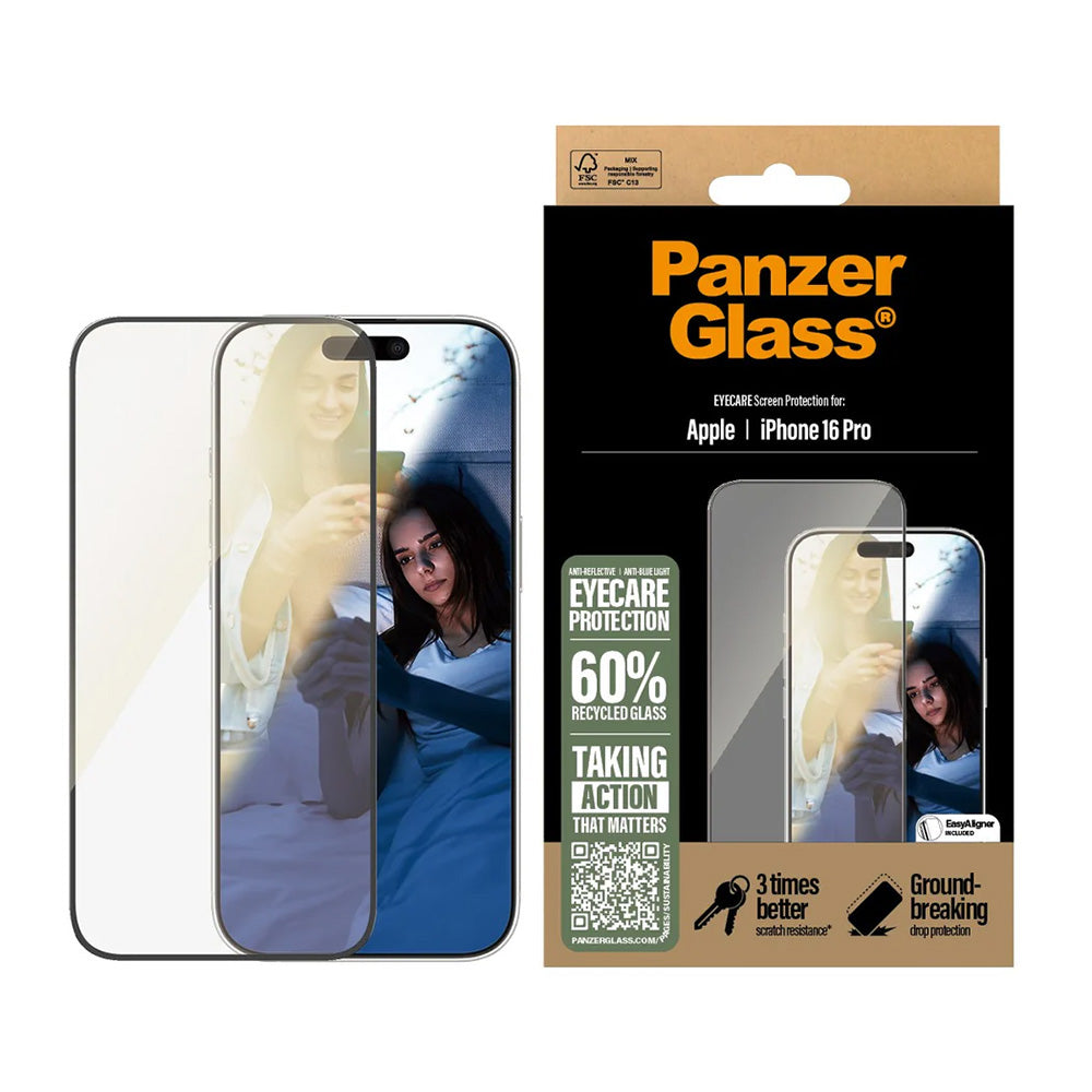 Beskyttelsesfilm til skærm PanzerGlass Ultra-Wide Fit EyeCare til Apple iPhone 16 Pro, Hærdet Glas, Fuldklæbende, Sort