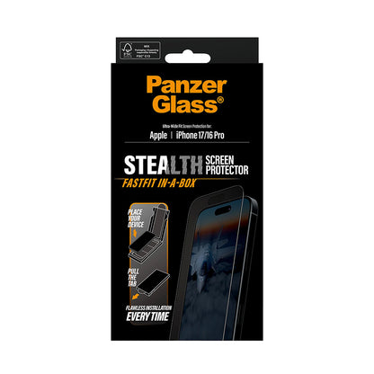Beskyttelsesfilm til skærm PanzerGlass Ultra-Wide Fit Stealth Fastfit til Apple iPhone 17 / 16 Pro, Hærdet Glas, Fuldklæbende, Sort