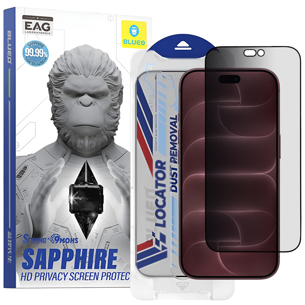 Blueo Premium Sapphire Applicator-skærmbeskyttelse med privacy til Apple iPhone 18 Pro Max, hærdet glas, fuldlimning