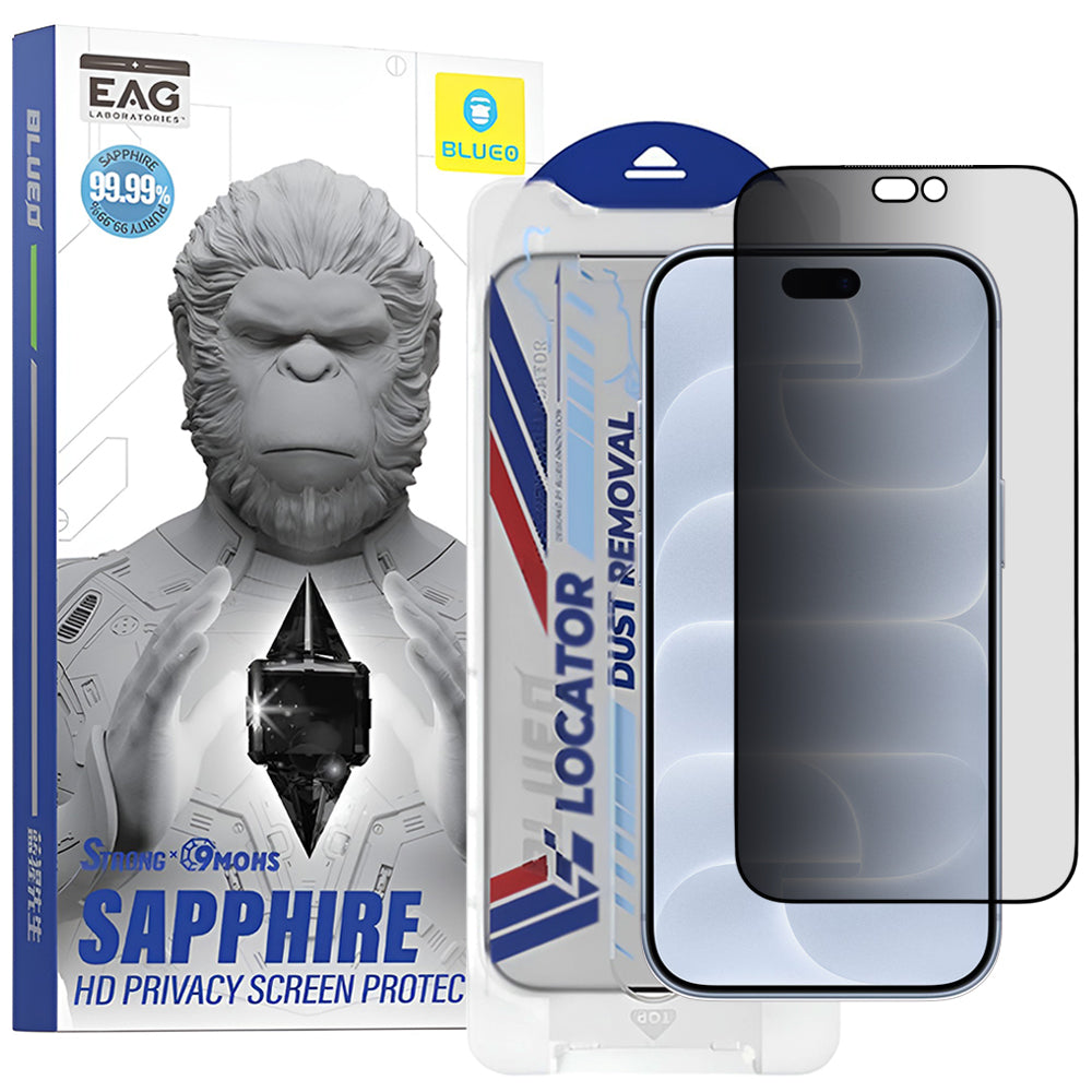Blueo Premium Sapphire Privacy-skærmbeskytter med applikator til Apple iPhone 18 Pro, hærdet glas, fuldlimning