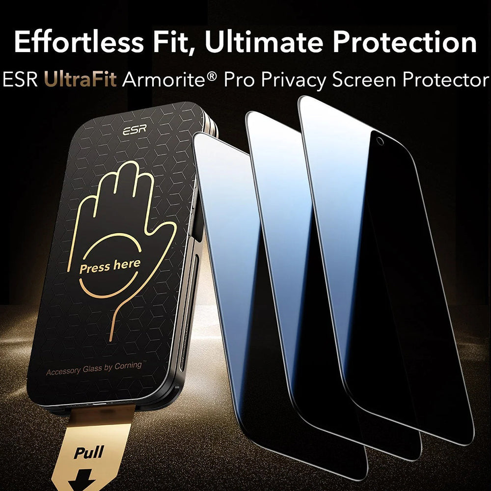 Beskyttelsesfilm Privacy ESR UltraFit Armorite Pro til Apple iPhone 17 Pro, Hærdet Glas, Full Glue, Sæt med 3 stykker