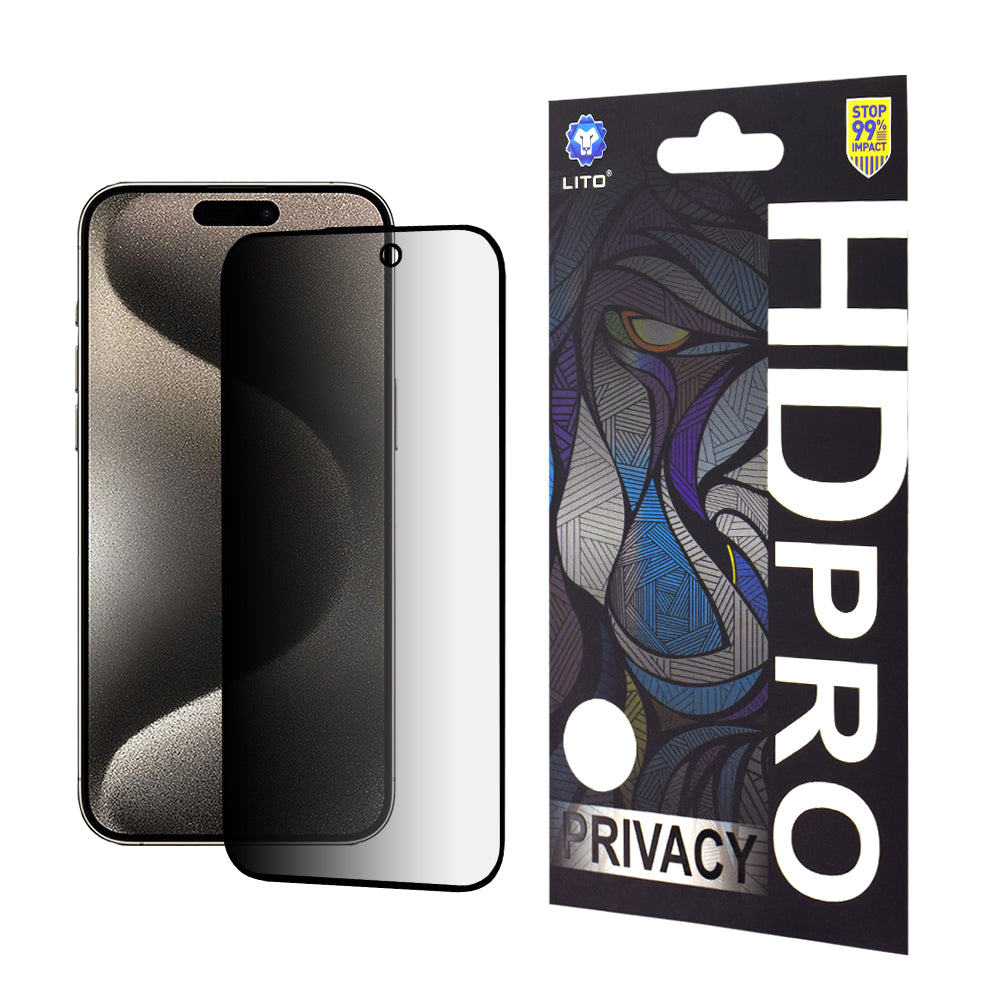 Privacy-skærmbeskyttelse Lito HD Pro til Apple iPhone 15 Pro Max, hærdet glas, fuld lim