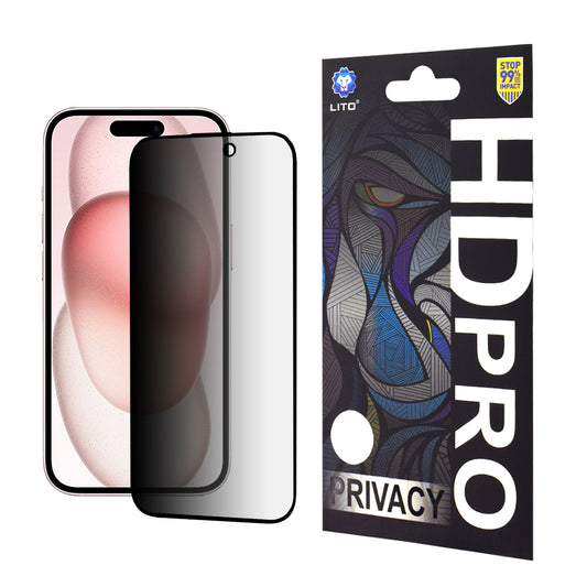 Privacy-skærmbeskyttelse Lito HD Pro til Apple iPhone 15, hærdet glas, fuld lim