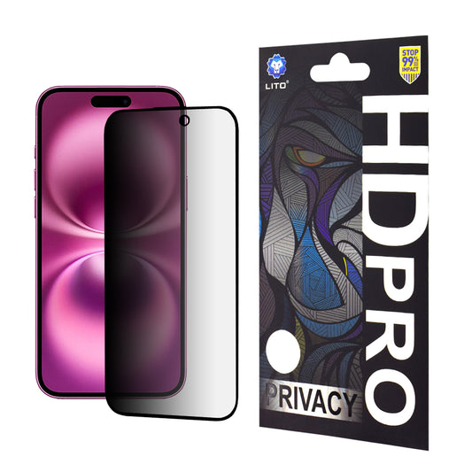 Privacy-skærmbeskyttelsesfilm Lito HD Pro til Apple iPhone 16 Plus, hærdet glas, fuld lim