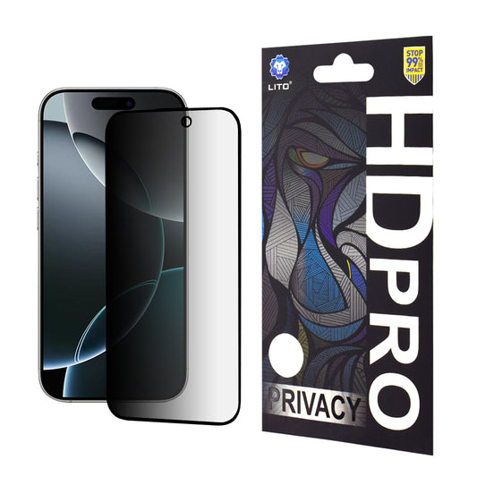 Privacy-skærmbeskyttelsesfilm Lito HD Pro til Apple iPhone 16 Pro, hærdet glas, fuld lim