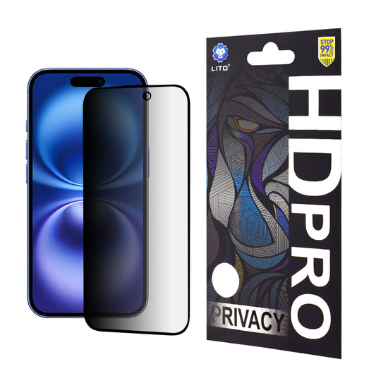Privacy-skærmbeskyttelsesfilm Lito HD Pro til Apple iPhone 16, hærdet glas, fuld lim