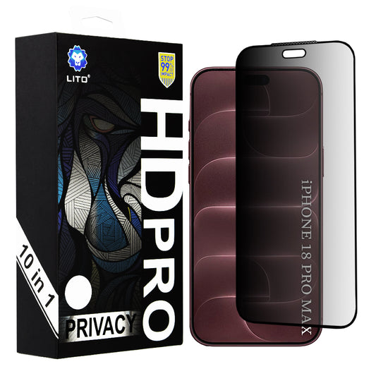 Lito HD Pro Privacy-skærmbeskytter til Apple iPhone 18 Pro Max, hærdet glas, fuldlim, sæt med 10 stk.