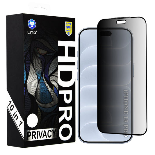 Lito HD Pro Privacy-skærmbeskytter til Apple iPhone 18 Pro, hærdet glas, fuldlimet, sæt med 10 stk.