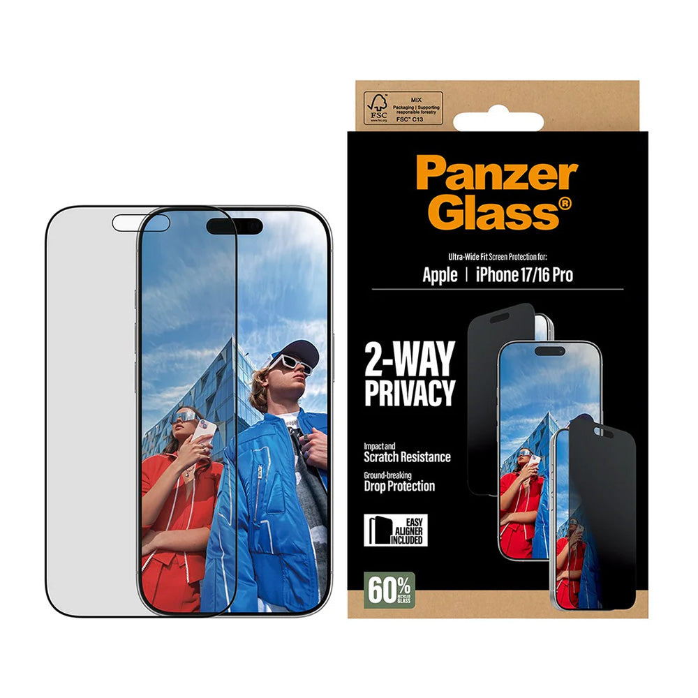 Beskyttelsesfolie til skærm Privacy PanzerGlass Ultra-Wide Fit 2-Way EasyAligner til Apple iPhone 17 / 16 Pro, Hærdet Glas, Full Glue