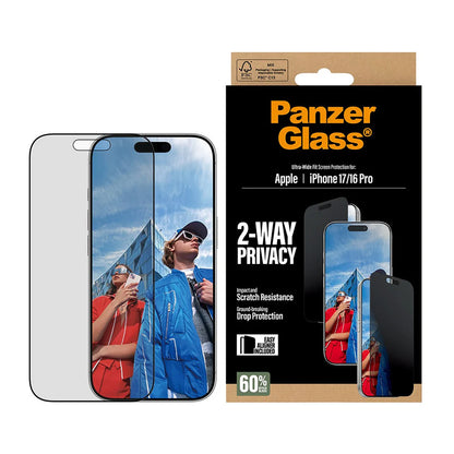 Beskyttelsesfolie til skærm Privacy PanzerGlass Ultra-Wide Fit 2-Way EasyAligner til Apple iPhone 17 / 16 Pro, Hærdet Glas, Full Glue