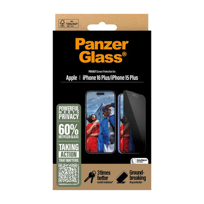 Beskyttelsesfolie til skærm Privacy PanzerGlass Ultra-Wide Fit EasyAligner til Apple iPhone 16 Plus / 15 Plus, Hærdet Glas, Fuldklæbende