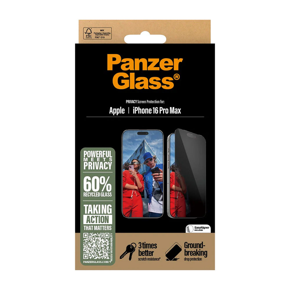 Beskyttelsesfilm Privacy PanzerGlass Ultra-Wide Fit EasyAligner til Apple iPhone 16 Pro Max, Hærdet Glas, Full Glue