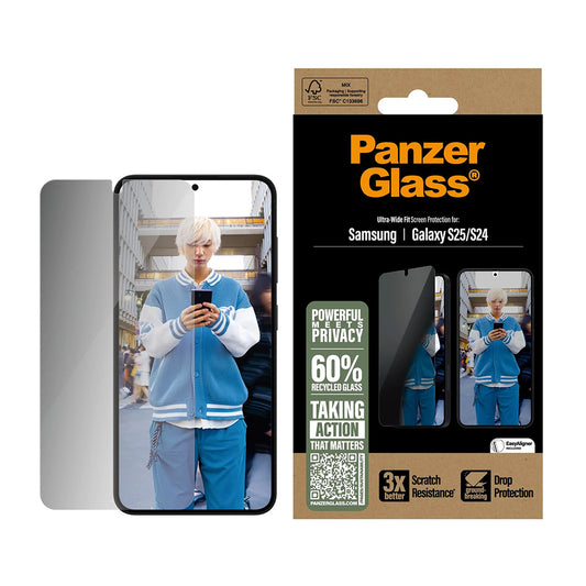 Beskyttelsesfolie til skærm Privacy PanzerGlass Ultra-Wide Fit til Samsung Galaxy S25 S931 / S24 S921, Hærdet Glas, Full Glue